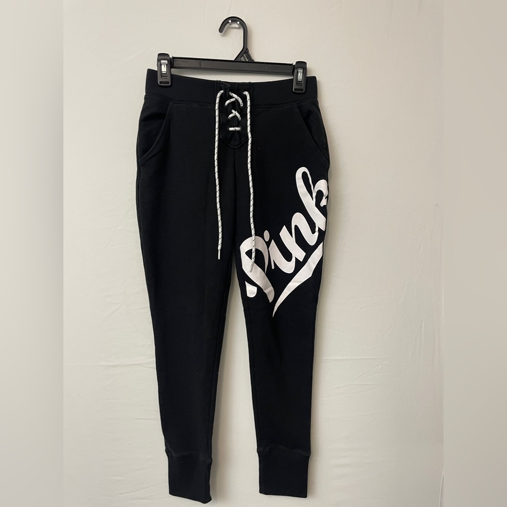 PINK Victoria’s Secret Black Joggers XS – Lace-Up Waist, Bold Logo (N3)✨